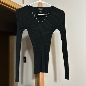 Black Lace-Up Ribbed Top